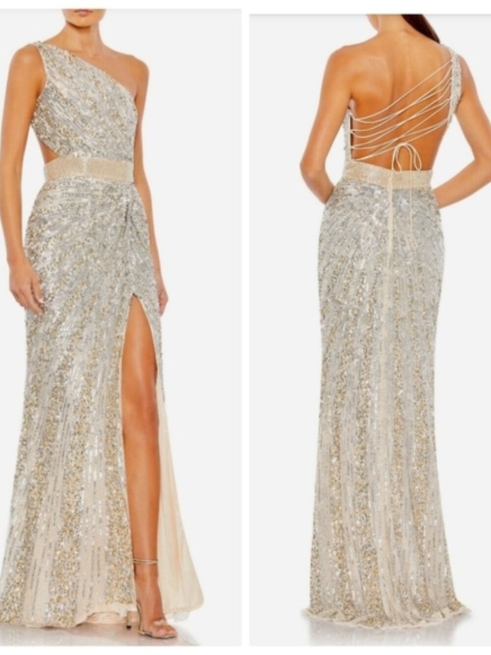 Mac Duggal Sequined One-Shoulder Lace-Up Gown